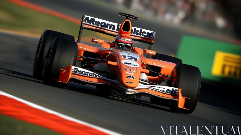 Orange Formula race car cornering on sunlit asphalt circuit.