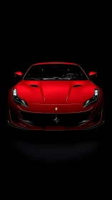 Red supercar front view glows against deep black background.