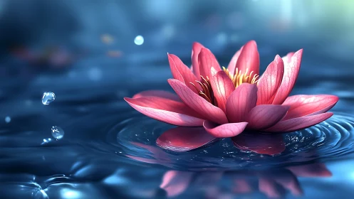 Pink water lily floating in luminous blue ripples.