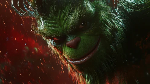 Sinister green creature grins in fiery falling embers.