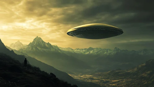 Massive alien craft hovers above misty mountain valley at dusk