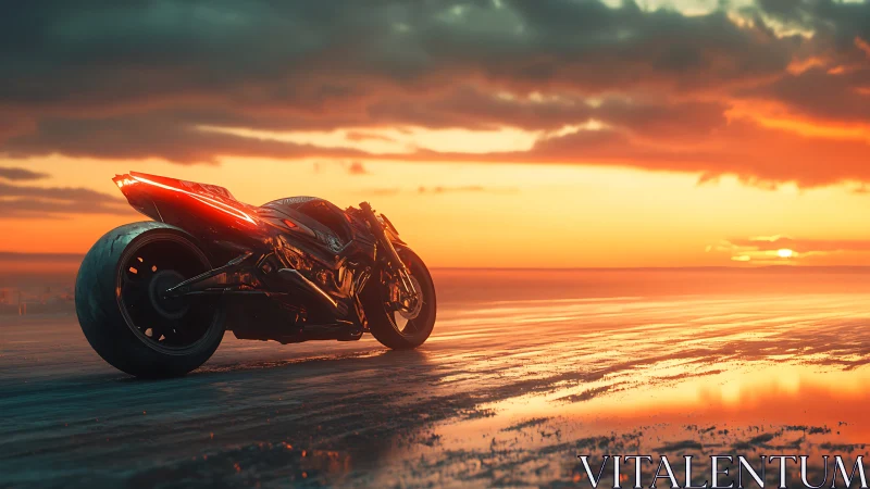 Futuristic aerodynamic bike on reflective beach at sunset