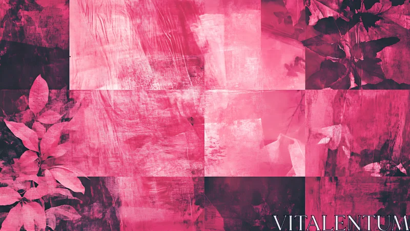 Floral silhouettes drift across textured pink collage canvas.