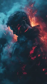 Silhouetted figure merges with fire and cyan smoke.