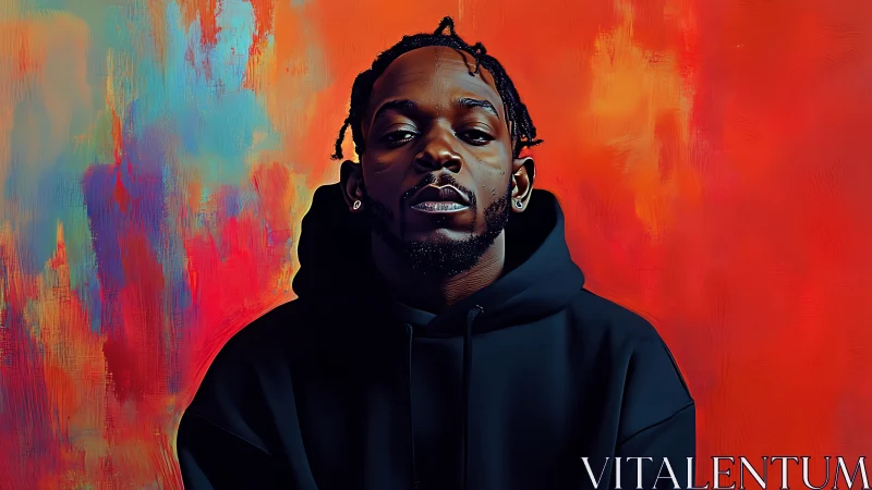 Portrait of a hooded man against vivid abstract backdrop.