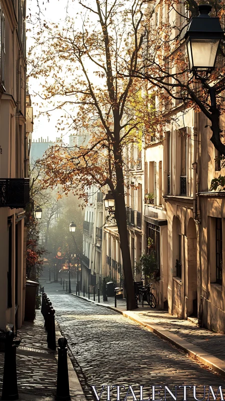 Sunlit cobblestone street welcomes a quiet autumn stroll