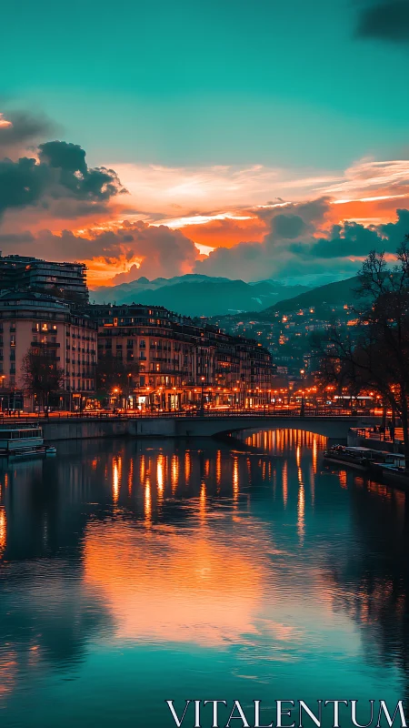 Chromatic riverfront skyline under cyan-orange twilight gradient.