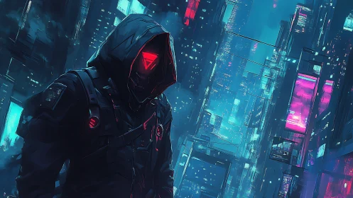 Hooded cybernetic figure in neon-lit futuristic cityscape.