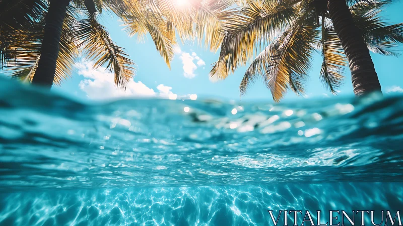 Sunlit tropical palms meet crystal clear turquoise sea.