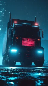 Neon-lit articulated truck in rainy nocturnal urban streetscape