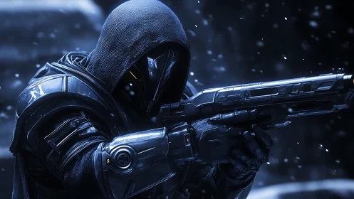 Hooded sci fi soldier aiming rifle in icy night scene.