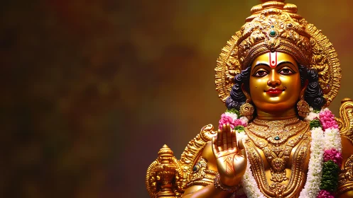 Golden Hindu deity statue with floral garlands on brown