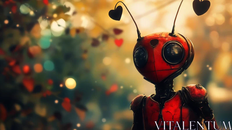 Red insectoid robot with heart antennae stands outdoors