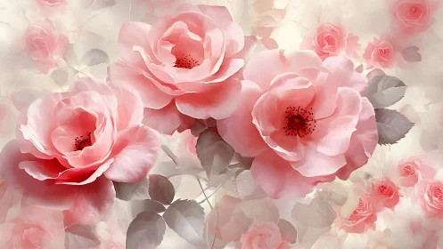 Coral roses bloom in ethereal layers of translucent rose fantasy