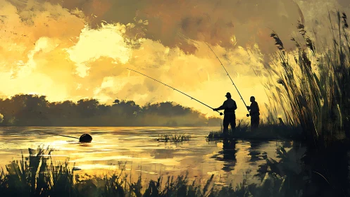 Two anglers stand fishing in shallow water at vivid sunset