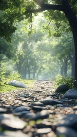 Sunlit Forest Path Through Shaded Woodland