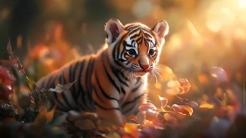 Tiger cub in sunlit autumn foliage with soft bokeh light.