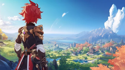 Red‑haired warrior surveys a sunlit valley of autumn dreams.