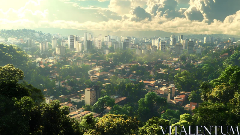Sunlit tropical cityscape merging dense forest and towers.