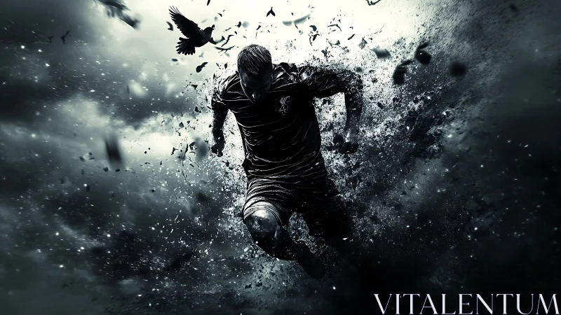 Kinetic fragmentation of sprinting athlete in storm cloud field.