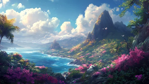 Tropical Landscape with Dramatic Cliffs and Blooming Flora.