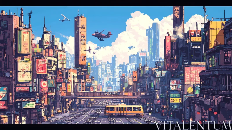 Futuristic urban avenue with transit and midair vehicles.