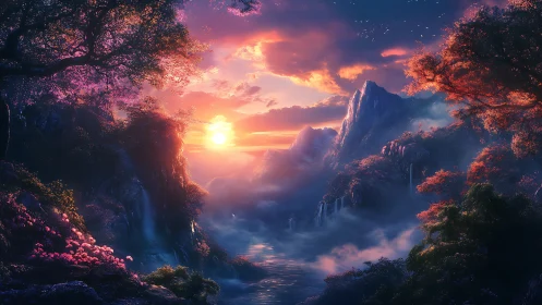 Fantasy sunrise valley with waterfalls and glowing mist.