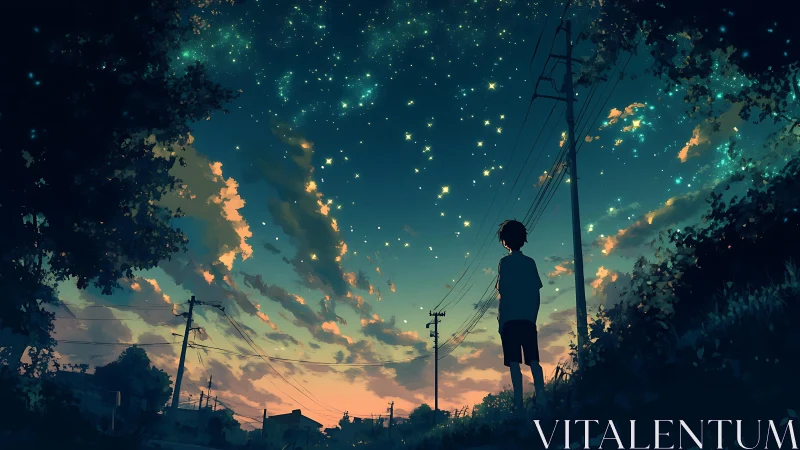 Twilight suburban sky with silhouetted youth and starfield glow.