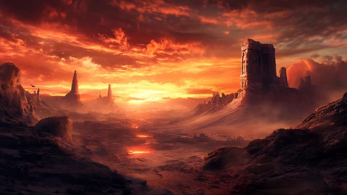 Molten desert canyon burns beneath stormlit crimson sky.