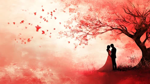 Romantic Couple Embracing Under Crimson Autumn Tree