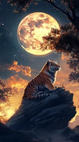 Celestial tiger poised on moonlit cliff in luminous dusk sky.