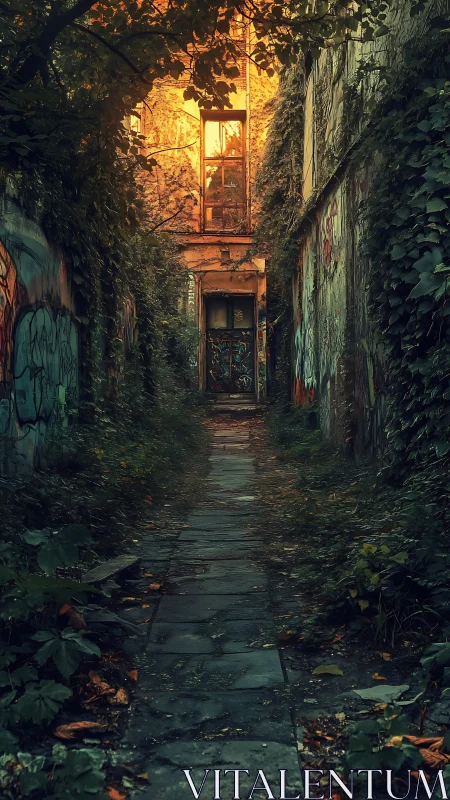 Narrow overgrown alley leads to decayed graffiti doorway at dusk
