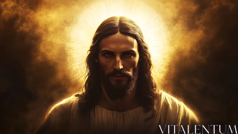 Digital portrait of haloed robed man in warm light.