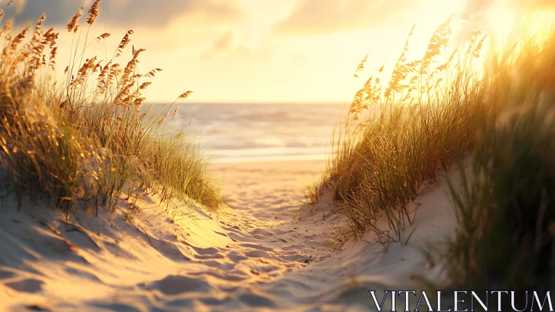 Golden-hour coastal dune passage channels light toward sea