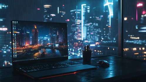 Sleek laptop workspace facing neon city skyline at night.
