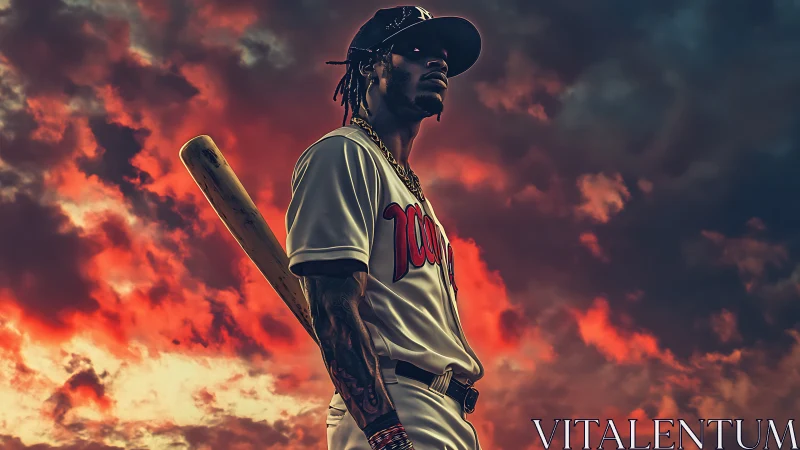 Baseball slugger stands poised under a blazing stormy sky