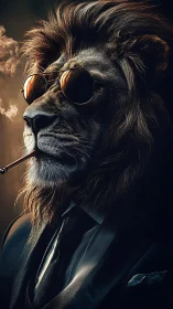 Anthropomorphic lion portrait in tailored suit and tinted aviators