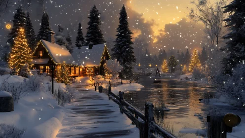 Snowy cabin and river under warm winter lights.