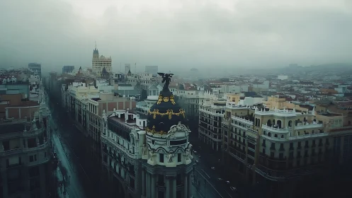 Overcast axial cityscape with ornate domed corner turreted landmark.
