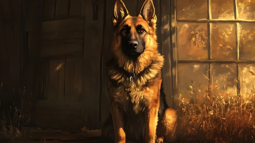 German shepherd sits in golden light by rustic window.