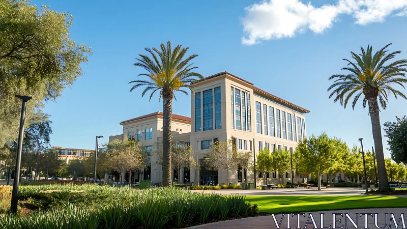 Contemporary corporate campus architecture in landscaped sunlight.