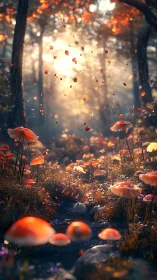 Enchanted forest path glowing with soft autumn light and fungi.