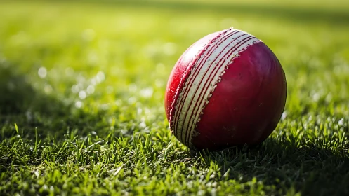 Crimson cricket ball on turf under shallow depth-of-field illumination.