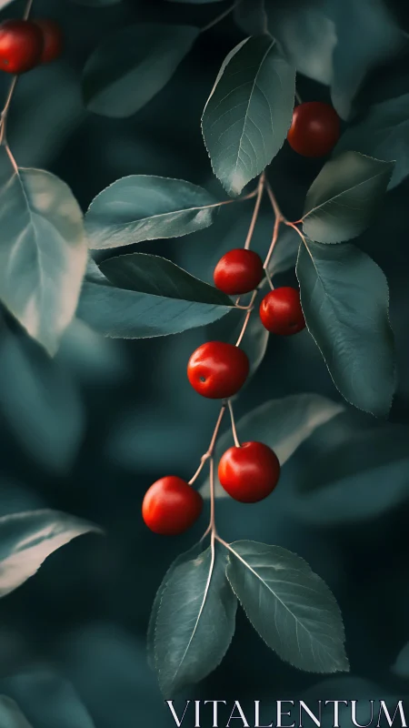 Macro study of cherry drupes with teal-shifted foliage tones.