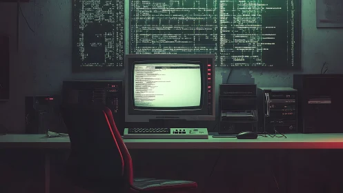 Retro terminal workstation renders dense green-coded system diagnostics