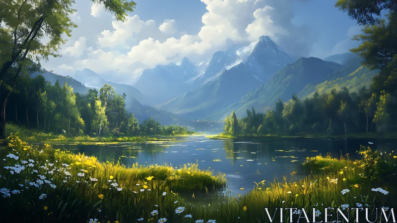 Sunlit mountain lake wrapped in peaceful wildflower calm.