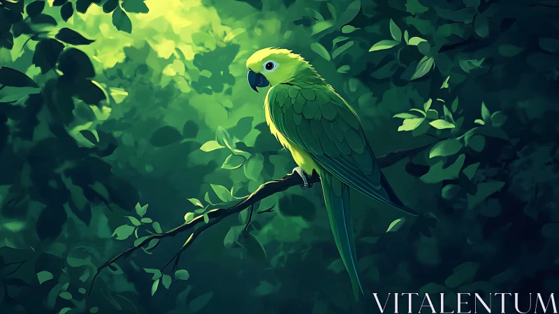 Vibrant green parrot perched in lush forest, digital art style.