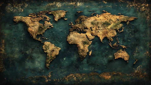 World map relief rendering displays textured continental forms