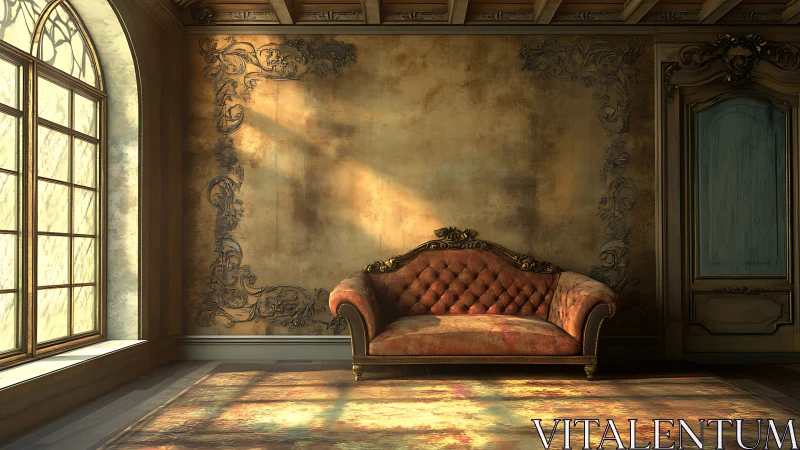 Golden afternoon light warms an elegant vintage sofa