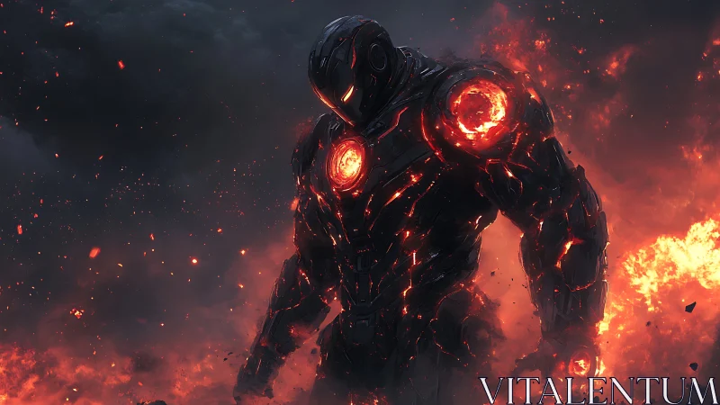 Molten armored mech strides through fire and ash storm.